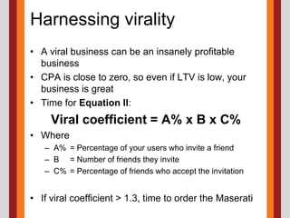 Making profitsProfitabilityAssumption: Variable cost = 10% of salesAny profit can be spent on acquiring customers (CPA)