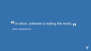 In short, software is eating the world.
MARC ANDREESSEN
“ ”
 