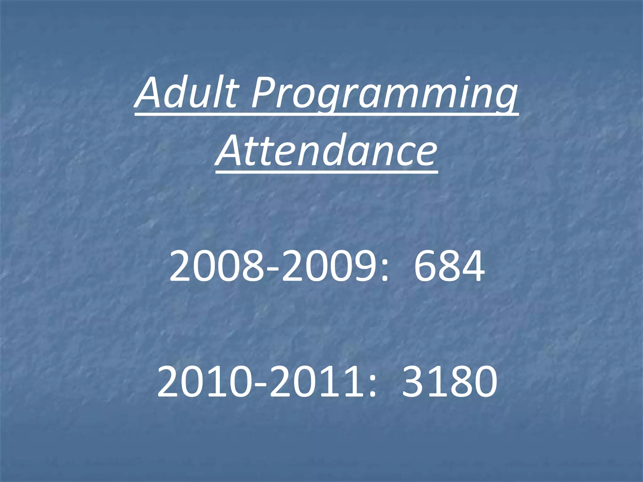 Adult Programming
   Attendance

 2008-2009: 684

2010-2011: 3180
 