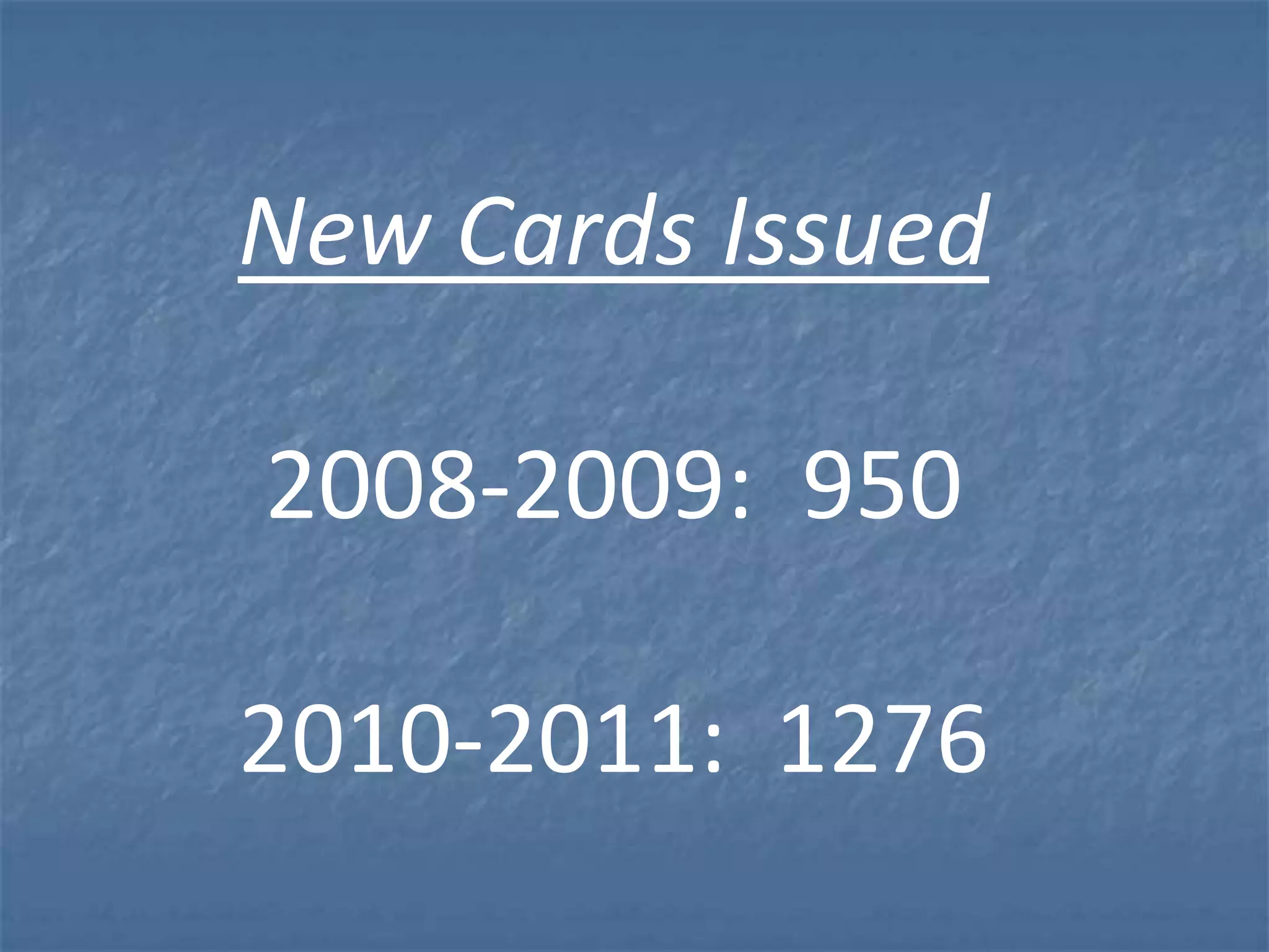 New Cards Issued

2008-2009: 950

2010-2011: 1276
 