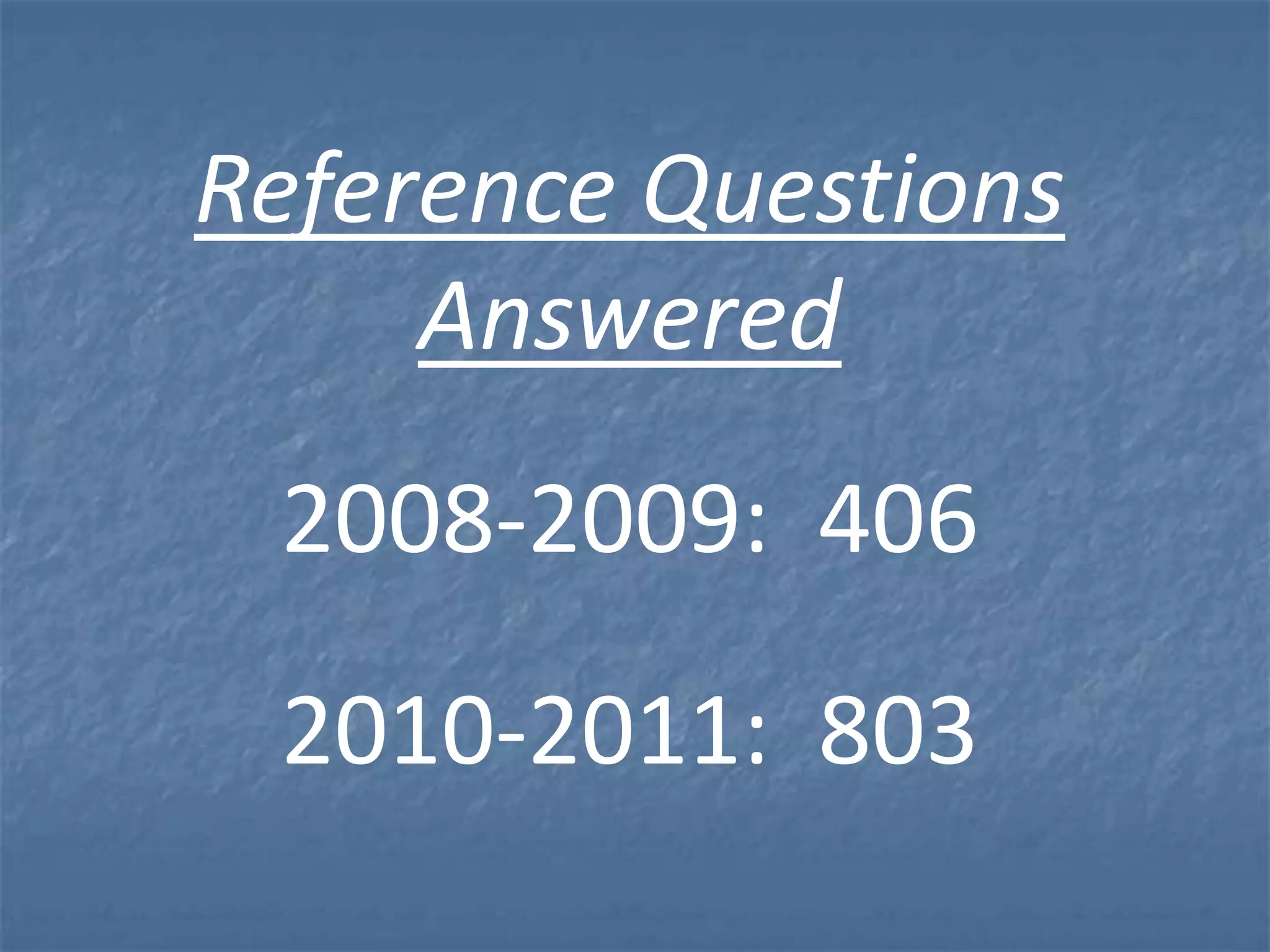 Reference Questions
     Answered
 2008-2009: 406
 2010-2011: 803
 