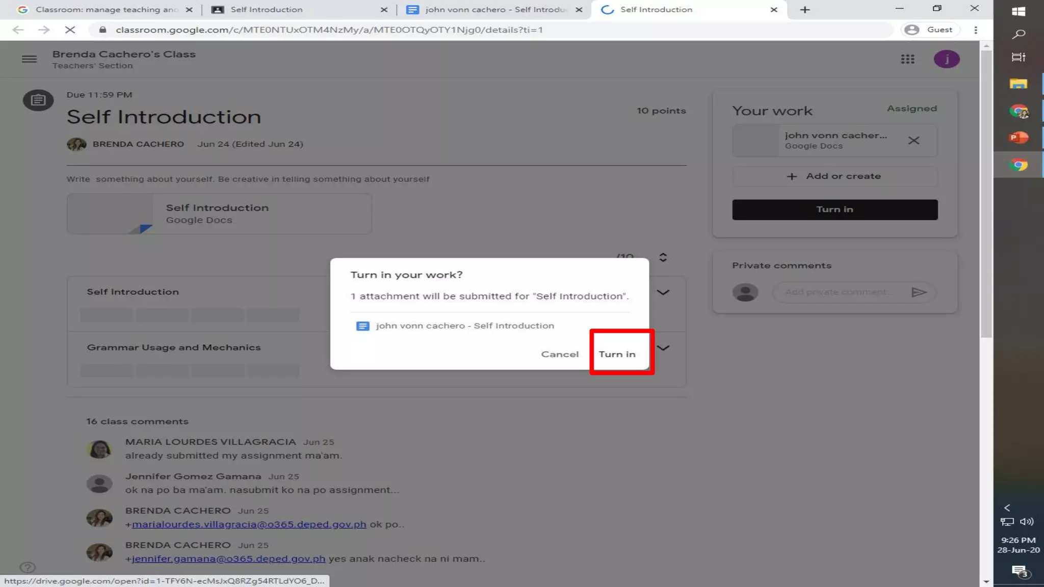 (Google Classroom)TURNING IN of classwork 