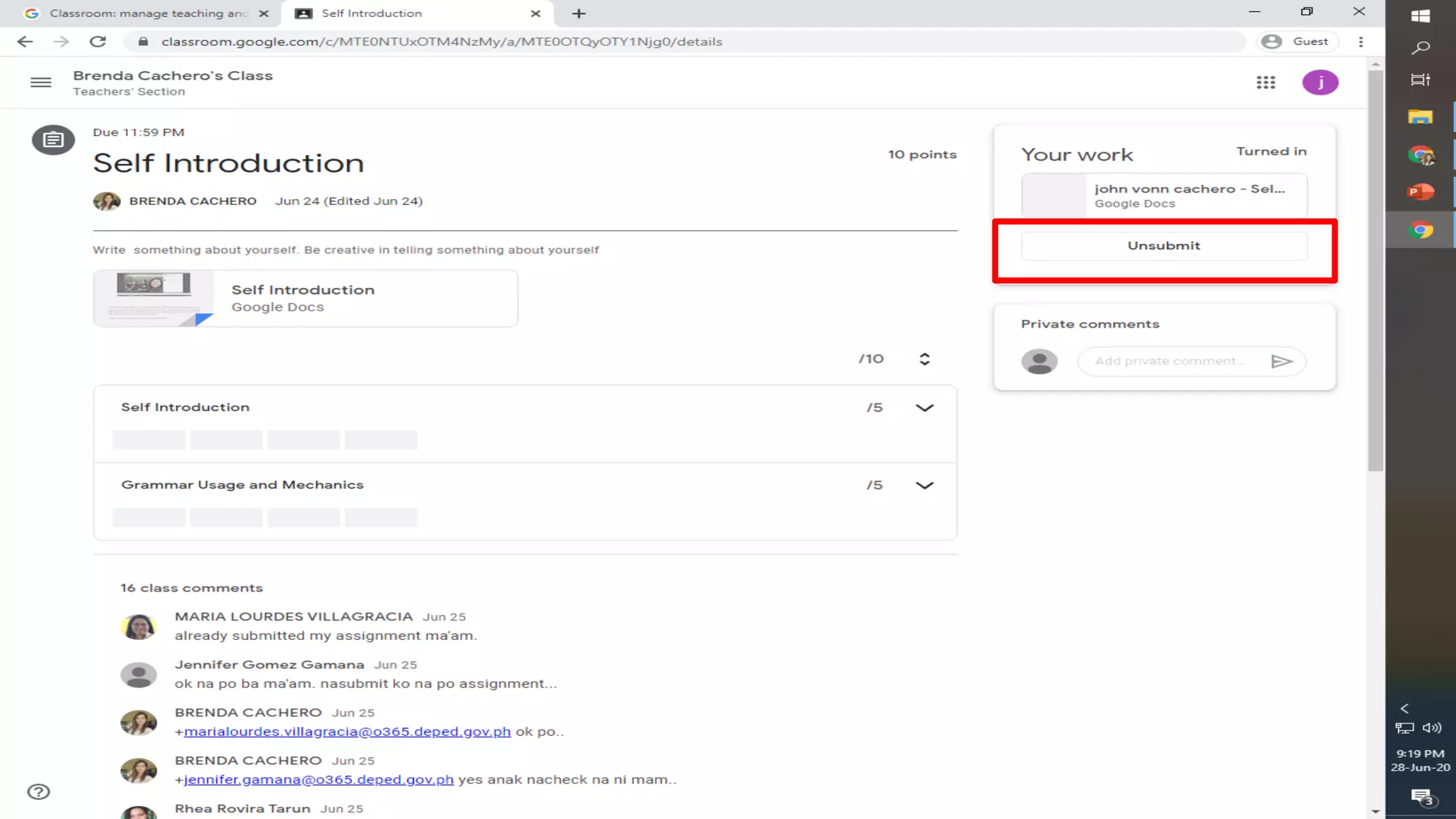 (Google Classroom)TURNING IN of classwork 
