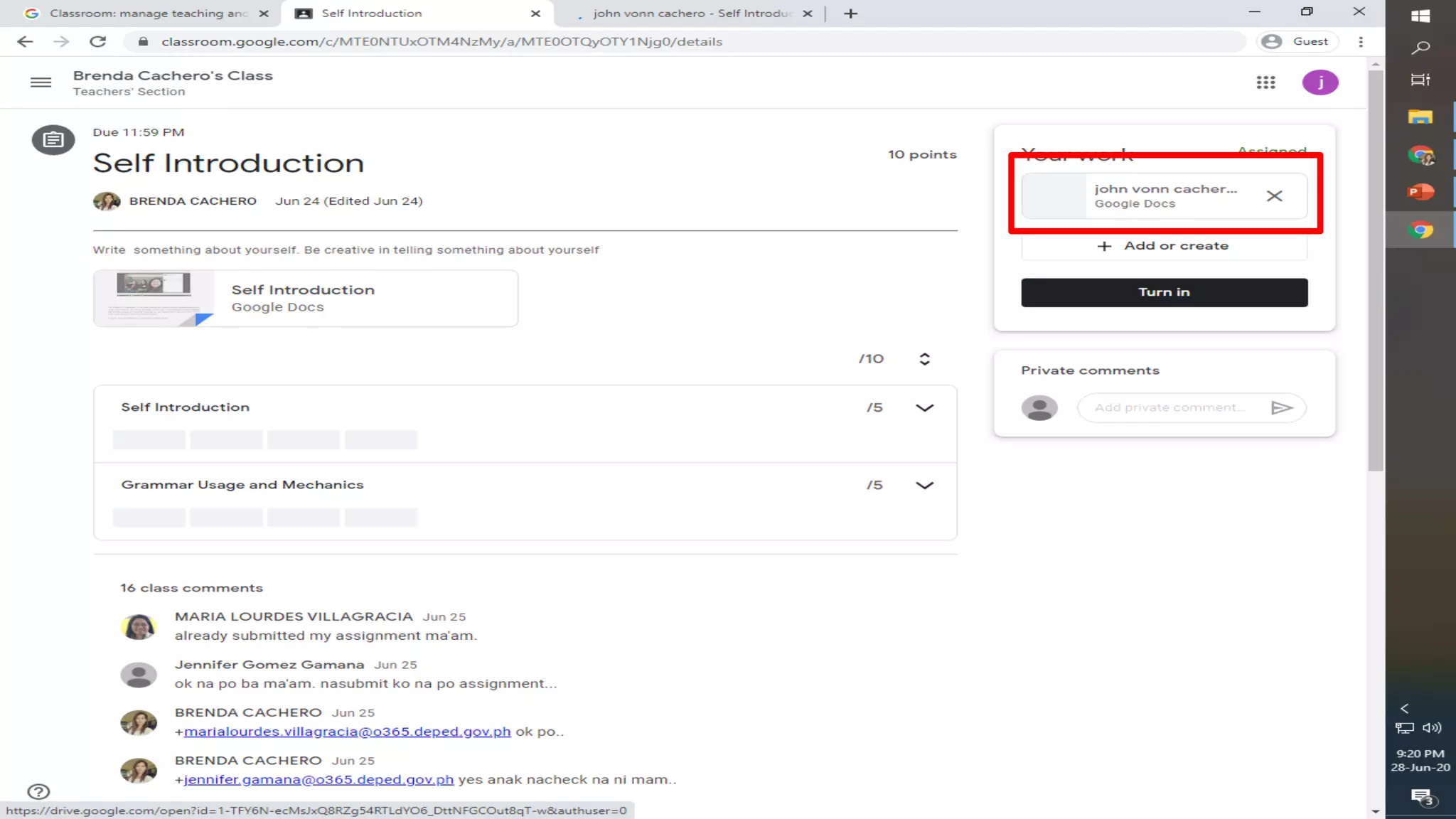 (Google Classroom)TURNING IN of classwork 