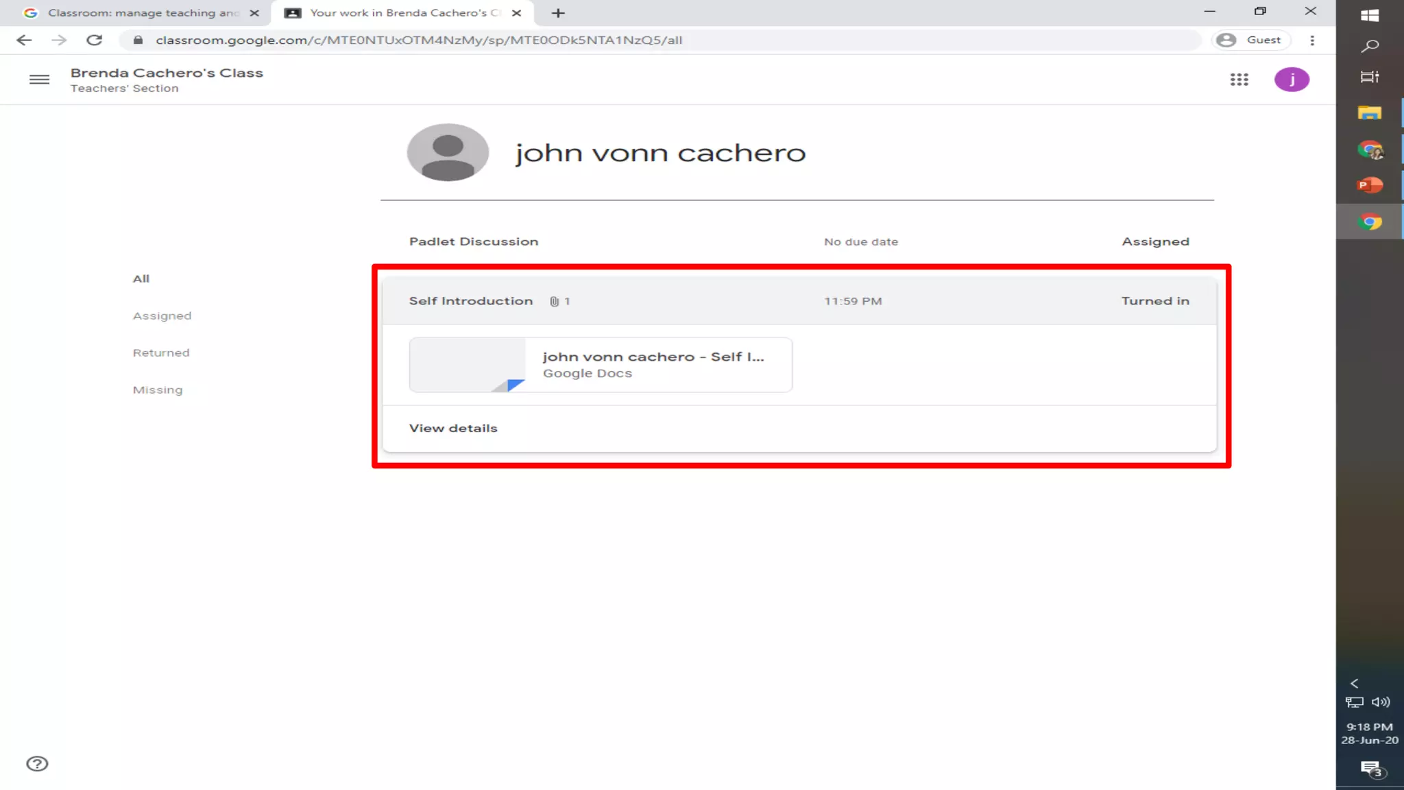 (Google Classroom)TURNING IN of classwork 