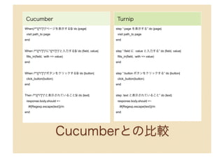 Cucumber Turnip
When(/^"([^"]*)"ページを表示する$/ do |page|
visit path_to page
end
When /^"([^"]*)"に"([^"]*)"と入力する$/ do |field, v...