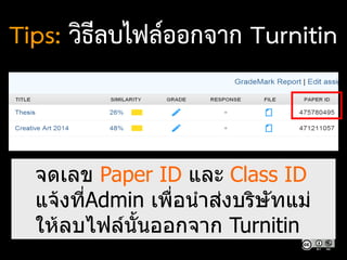 Tips: วิธีลบไฟล์ออกจาก Turnitin
จดเลข Paper ID และ Class ID
แจ้งที่Admin เพื่อนาส่งบริษัทแม่
ให้ลบไฟล์นั้นออกจาก Turnitin
 