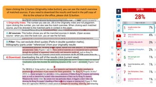 15
1)
2)
3)
)
4)
1) Originality Index: The number you see (ex. 28) is the Originality index and not plagiarism.
Upon clicking this number, you can also see the match overview. When clicking each matched
source, you’ll be directed to the matched parts in context in the paper.
2) All sources: This button shows you all the marched sources in details. (Open access
source - when you click the book icon, you an see the full text)
3) Filter: You can exclude direct quotes (Parts in double quotation marks),
bibliography (parts under “references”) from your originality results
4) Download: downloading the pdf of the results (click [current view])
Upon clicking the 1) button (Originality index button), you can see the match overview
of matched sources. If you need to download the results and hand in the pdf copy of
this to the school or the office, please click 5) button.
 