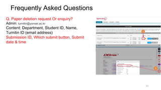 23
Frequently Asked Questions
Q. Paper deletion request Or enquiry?
Admin: turnitin@yonsei.ac.kr
Content: Department, Student ID, Name,
Turnitin ID (email address)
Submission ID, Which submit button, Submit
date & time
 