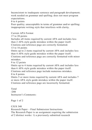 Inconsistent to inadequate sentence and paragraph development;
work needed on grammar and spelling; does not meet program
expectations.
0 to 6 points
Poor quality; unacceptable in terms of grammar and/or spelling;
inappropriate writing style that interferes with clarity.
Current APA Format
17 to 20 points
Includes all items required by current APA and includes less
than 2 APA style guide mistakes within the paper itself.
Citations and reference page are correctly formatted.
13 to 16 points
Omits up to 2 items required by current APA and includes less
than 4 APA style guide mistakes within the paper itself.
Citations and reference page are correctly formatted with minor
mistakes.
9 to 12 points
Omits up to 4 items required by current APA and includes less
than 6 APA style guide mistakes within the paper itself.
Citations and reference page include numerous mistakes.
0 to 8 points
Omits 5 or more items required by current APA and includes 7
or more APA style guide mistakes within the paper itself.
Citations and reference page are incorrectly formatted.
Total
/200
Instructor’s Comments:
Page 1 of 2
CJUS 340
Research Paper – Final Submission Instructions
The Research Paper is an assignment requiring the submission
of 2 distinct works: 1) a previously submitted research
 