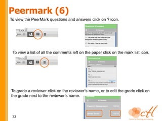 Peermark (6)
To view the PeerMark questions and answers click on ? icon.




 To view a list of all the comments left on the paper click on the mark list icon.




To grade a reviewer click on the reviewer’s name, or to edit the grade click on
the grade next to the reviewer’s name.




 33
 