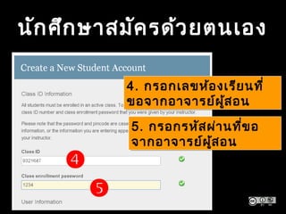 นักศึกษาสมัครด้วยตนเอง
4. กรอกเลขห้องเรียนที่
ขอจากอาจารย์ผู้สอน
4. กรอกเลขห้องเรียนที่
ขอจากอาจารย์ผู้สอน

5. กรอกรหัสผ่านที่ขอ
จากอาจารย์ผู้สอน
5. กรอกรหัสผ่านที่ขอ
จากอาจารย์ผู้สอน

 