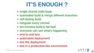 IT'S ENOUGH ?
single shared code-base
automated build & merge different branches
self-testing build
integrate every commit
ten-minutes build & fail fast!
everyone can see what's happening
end-to-end test
automated deployment
test the deployment
test in a production-like environment
Turnkey Continuous Delivery
18
 
