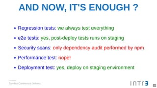 AND NOW, IT'S ENOUGH ?
Regression tests: we always test everything
e2e tests: yes, post-deploy tests runs on staging
Security scans: only dependency audit performed by npm
Performance test: nope!
Deployment test: yes, deploy on staging environment
Turnkey Continuous Delivery
23
 