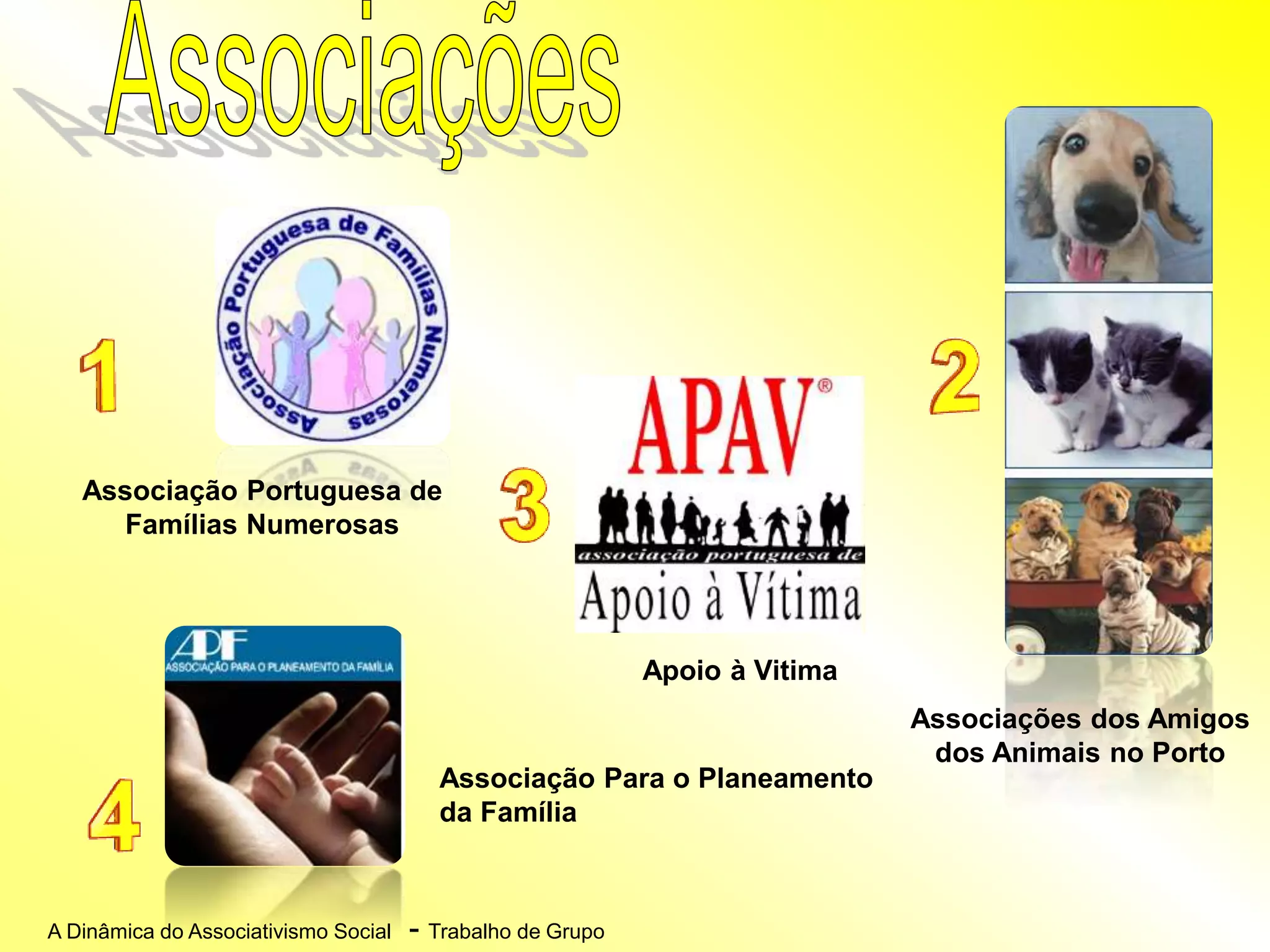 A Dinâmica do Associativismo Social - Trabalho de Grupo
Associação Portuguesa de
Famílias Numerosas
Associações dos Amigos
dos Animais no Porto
Apoio à Vitima
Associação Para o Planeamento
da Família
 