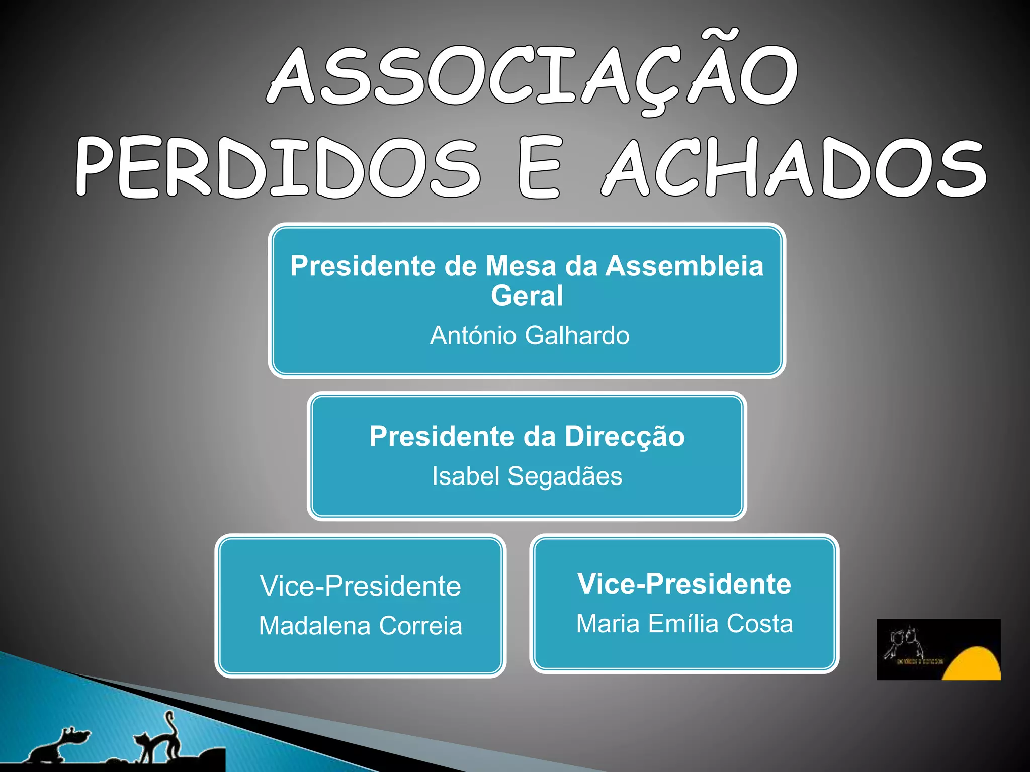 Presidente de Mesa da Assembleia
Geral
António Galhardo
Presidente da Direcção
Isabel Segadães
Vice-Presidente
Madalena Correia
Vice-Presidente
Maria Emília Costa
 