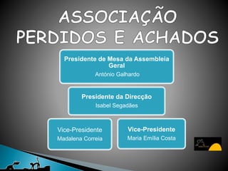 Presidente de Mesa da Assembleia
Geral
António Galhardo
Presidente da Direcção
Isabel Segadães
Vice-Presidente
Madalena Correia
Vice-Presidente
Maria Emília Costa
 