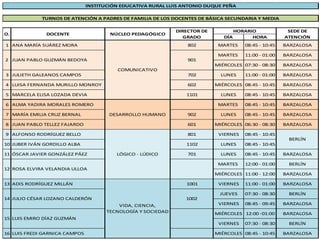 DÍA HORA
1 ANA MARÍA SUÁREZ MORA 802 MARTES 08:45 - 10:45 BARZALOSA
MARTES 11:00 - 01:00 BARZALOSA
MIÉRCOLES 07:30 - 08:30...