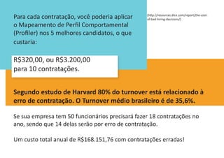 Segundo estudo de Harvard 80% do turnover está relacionado à
erro de contratação. O Turnover médio brasileiro é de 35,6%.
Se sua empresa tem 50 funcionários precisará fazer 18 contratações no
ano, sendo que 14 delas serão por erro de contratação.
Um custo total anual de R$168.151,76 com contratações erradas!
Para cada contratação, você poderia aplicar
o Mapeamento de Perfil Comportamental
(Profiler) nos 5 melhores candidatos, o que
custaria:
R$320,00, ou R$3.200,00
para 10 contratações.
(http://resources.dice.com/report/the-cost-
of-bad-hiring-decisions/)
 