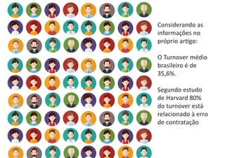 Considerando as
informações no
próprio artigo:
O Turnover médio
brasileiro é de
35,6%.
Segundo estudo
de Harvard 80%
do turnover está
relacionado à erro
de contratação
 