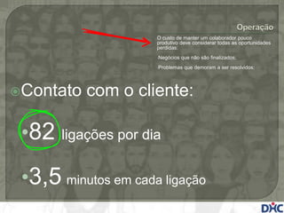 O custo de manter um colaborador pouco
                      produtivo deve considerar todas as oportunidades
                      perdidas:
                      •Negócios   que não são finalizados;
                      •Problemas   que demoram a ser resolvidos;




Contato   com o cliente:

 •82   ligações por dia


 •3,5 minutos em cada ligação
 