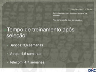 Produtividade zero durante a entrada na
                          empresa.

                          Não gera receita, mas gera custos.




Tempo de treinamento após
seleção:
 • Bancos: 3,6 semanas

 • Varejo: 4,5 semanas

 • Telecom: 4,7 semanas
 