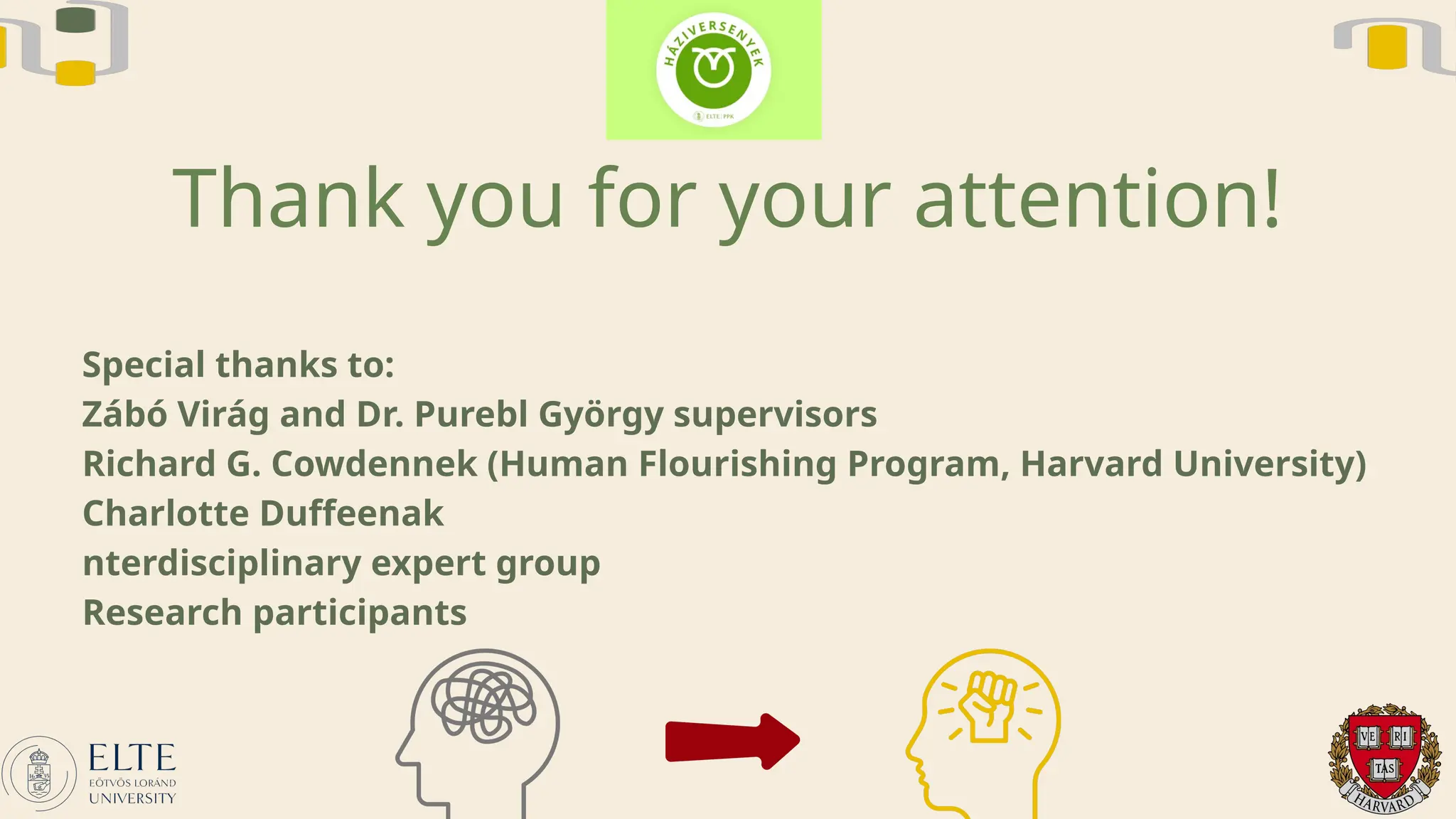 Thank you for your attention!
Special thanks to:
Zábó Virág and Dr. Purebl György supervisors
Richard G. Cowdennek (Human Flourishing Program, Harvard University)
Charlotte Duffeenak
nterdisciplinary expert group
Research participants
 