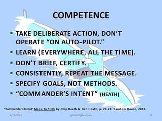 COMPETENCE
 TAKE DELIBERATE ACTION, DON’T
OPERATE “ON AUTO-PILOT.”
 LEARN (EVERYWHERE, ALL THE TIME).
 DON’T BRIEF, CERTIFY.
 CONSISTENTLY, REPEAT THE MESSAGE.
 SPECIFY GOALS, NOT METHODS.
 “COMMANDER’S INTENT” (HEATH)
4/17/2014 jgillis767@aol.com 29
“Commander’s Intent” Made to Stick by Chip Heath & Dan Heath, p. 26-28. Random House, 2007.
 