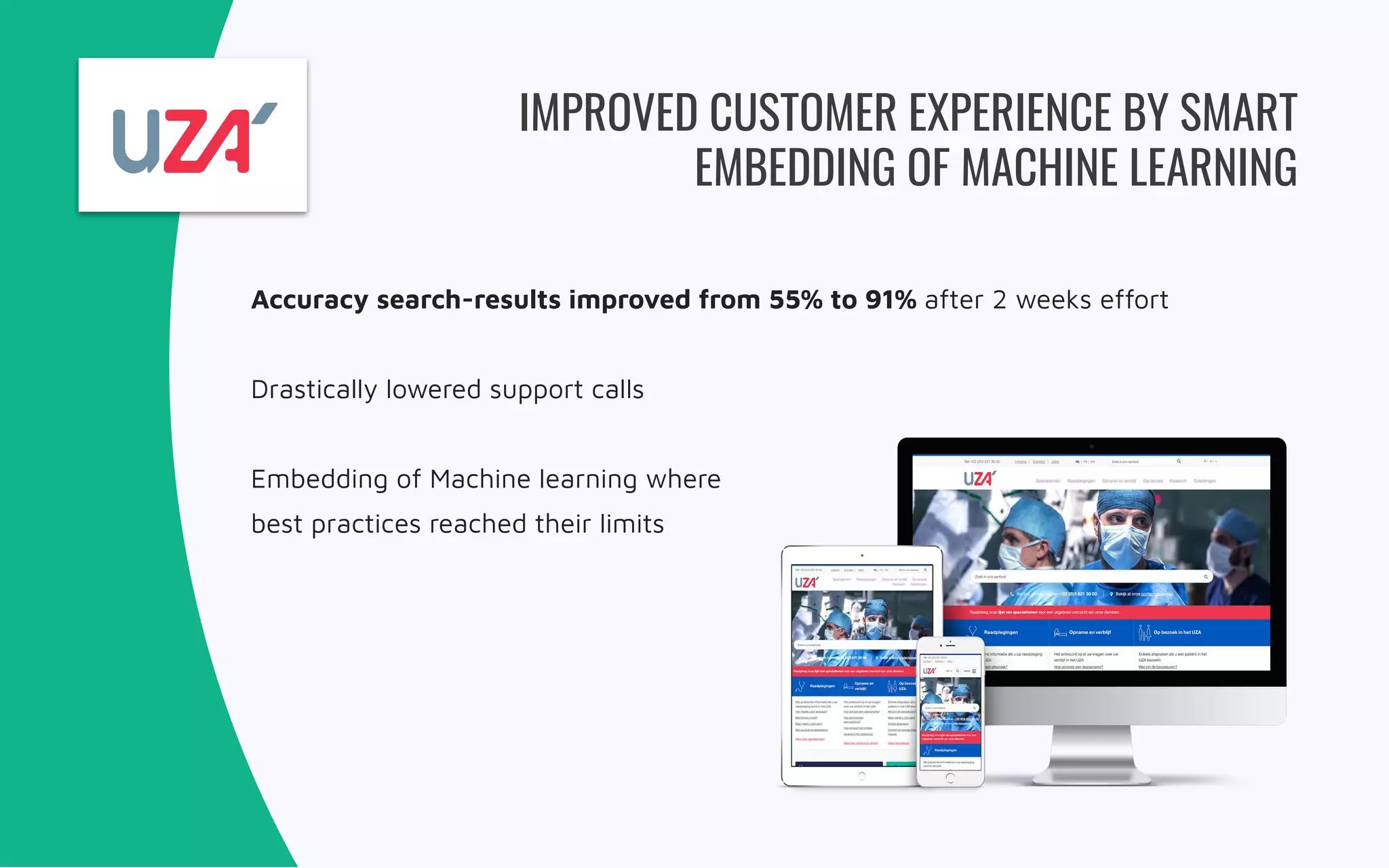 IMPROVED CUSTOMER EXPERIENCE BY SMART
EMBEDDING OF MACHINE LEARNING
Accuracy search-results improved from 55% to 91% after 2 weeks effort
Drastically lowered support calls
Embedding of Machine learning where
best practices reached their limits
 