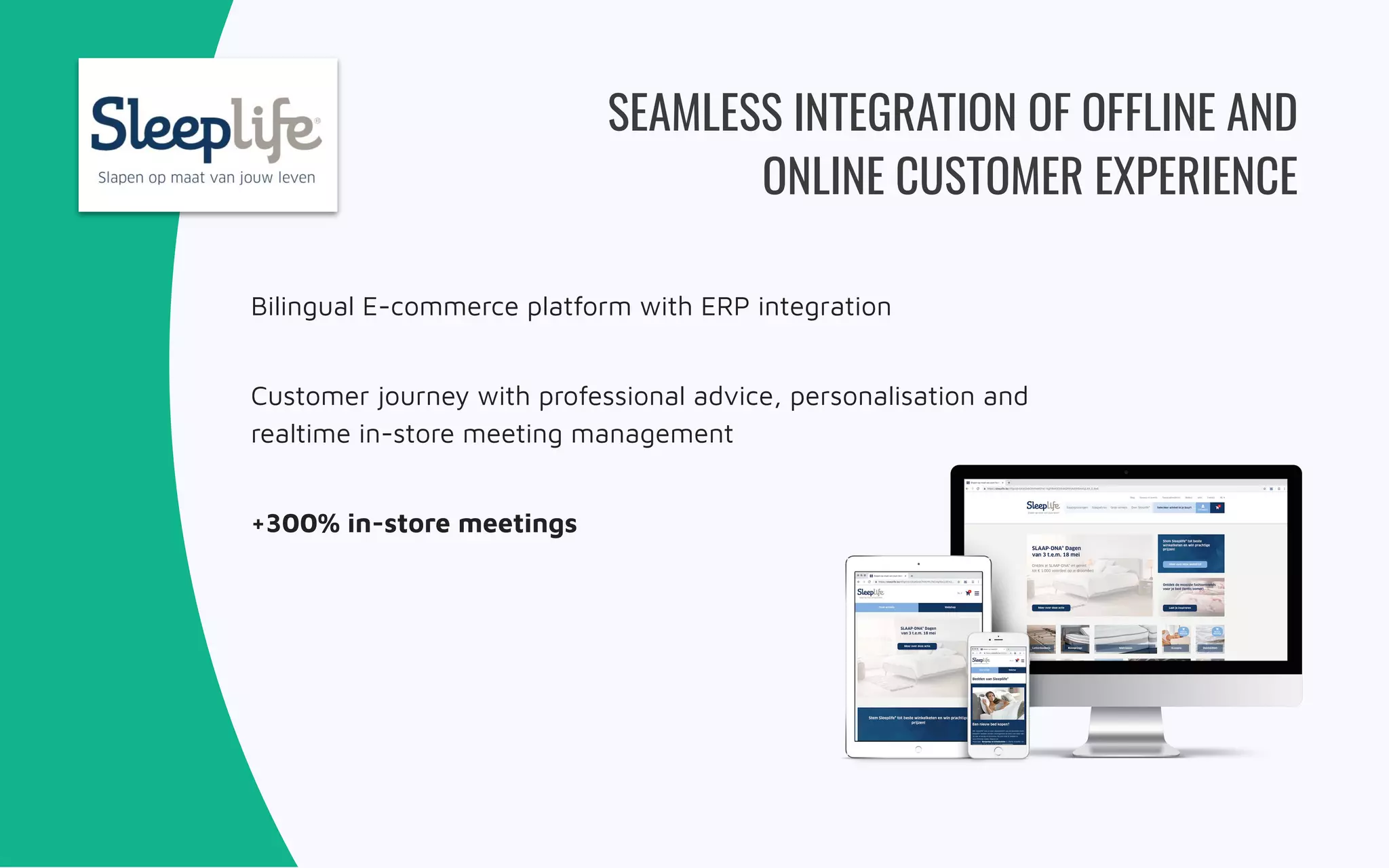 SEAMLESS INTEGRATION OF OFFLINE AND
ONLINE CUSTOMER EXPERIENCE
Bilingual E-commerce platform with ERP integration
Customer journey with professional advice, personalisation and
realtime in-store meeting management
+300% in-store meetings
 