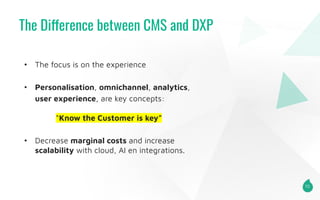 The Difference between CMS and DXP
10
• The focus is on the experience
• Personalisation, omnichannel, analytics,
user exp...