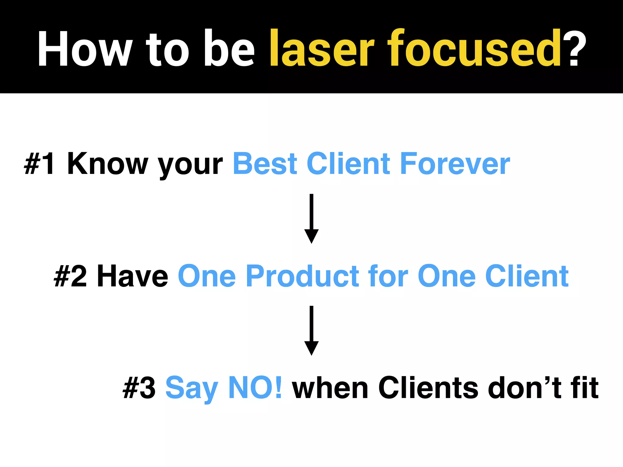 #1 Know your Best Client Forever
How to be laser focused?
#2 Have One Product for One Client
#3 Say NO! when Clients don’t fit