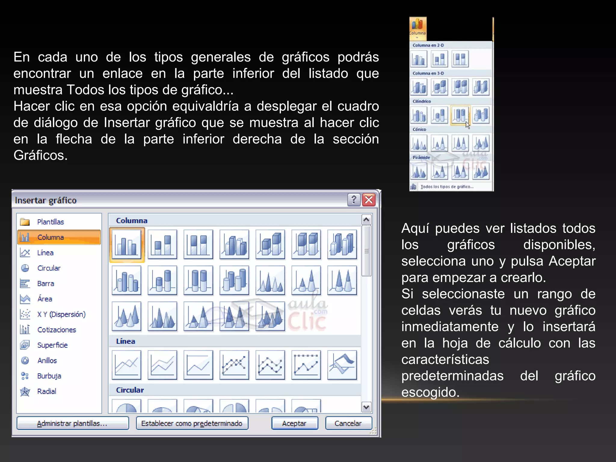 En cada uno de los tipos generales de gráficos podrás
encontrar un enlace en la parte inferior del listado que
muestra Todos los tipos de gráfico...
Hacer clic en esa opción equivaldría a desplegar el cuadro
de diálogo de Insertar gráfico que se muestra al hacer clic
en la flecha de la parte inferior derecha de la sección
Gráficos.




                                                              Aquí puedes ver listados todos
                                                              los     gráficos   disponibles,
                                                              selecciona uno y pulsa Aceptar
                                                              para empezar a crearlo.
                                                              Si seleccionaste un rango de
                                                              celdas verás tu nuevo gráfico
                                                              inmediatamente y lo insertará
                                                              en la hoja de cálculo con las
                                                              características
                                                              predeterminadas del gráfico
                                                              escogido.
 