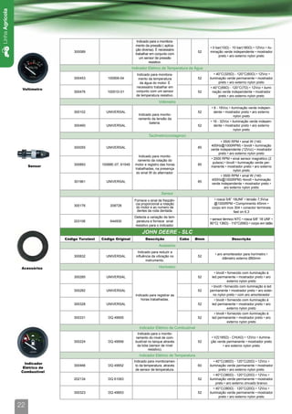 Linha Agrícola




                                                                         Indicado para o monitora-
                                                                        mento da pressão ( aplica-
                                                                                                                   • 0 bar(10Ω) - 10 bar(180Ω) • 12Vcc • ilu-
                                                                        ção diversa). É necessário
                                     300089                                                                   52   minação verde independente • mostrador
                                                                        trabalhar em conjunto com
                                                                                                                         preto • aro externo nylon preto
                                                                           um sensor de pressão
                                                                                 resistivo.
                                                                      Indicador Elétrico de Temperatura da Água
                                                                        Indicado para monitora-                       • 40°C(325Ω) - 120°C(60Ω) • 12Vcc •
                                     300453           100906-04          mento da temperatura                 52   iluminação verde permanente • mostrador
                                                                          da água do motor. É                            preto • aro externo nylon preto
                                                                        necessário trabalhar em                    • 40°C(69Ω) - 120°C(7Ω) • 12Vcc • ilumi-
                  Voltímetro
                                     300476           10051D-01         conjunto com um sensor                52    nação verde independente • mostrador
                                                                        de temperatura resistivo.                       preto • aro externo nylon preto
                                                                                       Voltímetro
                                                                                                                    • 8 - 16Vcc • iluminação verde indepen-
                                     300102          UNIVERSAL                                                52      dente • mostrador preto • aro externo
                                                                         Indicado para monito-                                      nylon preto
                                                                         ramento da tensão da
                                                                                bateria.                           • 16 - 32Vcc • iluminação verde indepen-
                                     300460          UNIVERSAL                                                52     dente • mostrador preto • aro externo
                                                                                                                                   nylon preto
                                                                                Tacômetro(contagiros)
                                                                                                                          • 3500 RPM • sinal W (140-
                                                                                                                   400Hz@1000RPM) • bivolt • iluminação
                                     300055          UNIVERSAL                                                85
                                                                                                                   verde independente (12Vcc) • mostrador
                                                                                                                        preto • aro externo nylon preto
                                                                          Indicado para monito-
                                                                                                                   • 2000 RPM • sinal sensor magnético (2
                                                                         ramento da rotação do
                                                                                                                    pulsos) • bivolt • iluminação verde per-
                      Sensor         300893        10088E-07, 61549    motor e registro das horas             85
                                                                                                                   manente • mostrador preto • aro externo
                                                                       trabalhadas, na presença
                                                                                                                                  nylon preto
                                                                       do sinal W do alternador.
                                                                                                                          • 3500 RPM • sinal W (140-
                                                                                                                    400Hz@1000RPM) •bivolt • iluminação
                                     301961          UNIVERSAL                                                85
                                                                                                                    verde independente • mostrador preto •
                                                                                                                             aro externo nylon preto
                                                                                         Sensor
                                                                       Fornece o sinal de freqüên-                   • rosca 5/8” 18UNF • tensão 7,5Vca
                                                                        cia proporcional a rotação                   @1000RPM • Comprimento 45mm •
                                     300176            208728
                                                                        do motor e ao numero de                     corpo em inox 304 • conector terminais
                                                                         dentes da roda dentada.                                  fast on 6,3
                                                                       Detecta a variação de tem-
                                                                                                                   • sensor térmico NTC • rosca 5/8” 18 UNF •
                                     203106            644930           peratura e fornece sinal
                                                                                                                   80°C( 136Ω) - 110°C(69Ω) • corpo em latão
                                                                       resistivo para o indicador.

                                                                            JOHN DEERE - SLC
                                 Código Turotest   Código Original            Descrição              Cabo   Ømm                  Descrição
                                                                                       Acessório
                                                                         Indicado para reduzir a
                                                                                                                      • aro amortecedor para horímetro •
                                     300832          UNIVERSAL          influência da vibração no             52
                                                                                                                           diâmetro externo Ø60mm
                                                                               instrumento.

                  Acessórios                                                           Horímetro
                                                                                                                      • bivolt • fornecido com iluminação à
                                     300285          UNIVERSAL                                                52    led permanente • mostrador preto • aro
                                                                                                                                 externo nylon preto
                                                                                                                    • bivolt • fornecido com iluminação à led
                                     300282          UNIVERSAL                                                52   permanente • mostrador preto • aro exter-
                                                                        Indicado para registrar as                   no nylon preto • com aro amortecedor
                                                                            horas trabalhadas.                        • bivolt • fornecido com iluminação à
                                     300328          UNIVERSAL                                                52    led permanente • mostrador preto • aro
                                                                                                                                 externo nylon preto
                                                                                                                      • bivolt • fornecido com iluminação à
                                     300331           DQ 49955                                                52    led permanente • mostrador preto • aro
                                                                                                                                 externo nylon preto
                                                                          Indicador Elétrico de Combustível
                                                                         Indicado para o monito-
                                                                        ramento do nível de com-                    • VZ(185Ω) - CH(4Ω) • 12Vcc • ilumina-
                                     300224           DQ 49956          bustível no tanque através            52   ção verde permanente • mostrador preto
                                                                         da bóia (sensor de nível                          • aro externo nylon preto
                                                                                 resistivo).
                                                                          Indicador Elétrico de Temperatura
                                                                       Indicado para monitoramen-                     • 40°C(380Ω) - 120°C(20Ω) • 12Vcc •
                    Indicador
                                     300466           DQ 49952          to da temperatura, através            60   iluminação verde permanente • mostrador
                   Elétrico de
                                                                        de sensor de temperatura.                         preto • aro externo nylon preto
                  Combustível
                                                                                                                      • 40°C(380Ω) - 120°C(20Ω) • 12Vcc •
                                     202134           DQ 61063                                                52   iluminação verde permanente • mostrador
                                                                                                                        preto • aro externo zincado branco
                                                                                                                      • 40°C(380Ω) - 120°C(20Ω) • 12Vcc •
                                     300323           DQ 49953                                                52   iluminação verde permanente • mostrador
                                                                                                                          preto • aro externo nylon preto

                 22
 