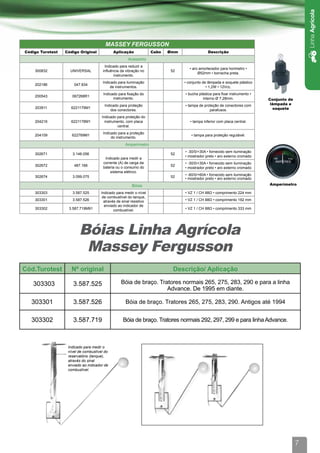 Linha Agrícola
                                        Massey Fergusson
Código Turotest   Código Original            Aplicação               Cabo   Ømm                 Descrição
                                                      Acessório
                                        Indicado para reduzir a
                                                                                     ▪ aro amortecedor para horimetro •
    300832          UNIVERSAL          influência da vibração no            52
                                                                                          Ø52mm • borracha preta.
                                              instrumento.
                                       Indicado para iluminação                   ▪ conjunto de lâmpada e soquete plástico
    202186            047.834
                                            de instrumentos.                                   • 1,2W • 12Vcc.
                                       Indicado para fixação do                   ▪ bucha plástica para fixar instrumento ▪
    200543           067268R1
                                             instrumento.                                   interno Ø 7,28mm.                 Conjunto de
                                        Indicado para proteção                    ▪ tampa de proteção de conectores com        lâmpada e
    203911          6221179M1                                                                                                   soquete
                                            dos conectores.                                     parafusos.
                                      Indicado para proteção do
    204216          6221178M1           instrumento, com placa                       ▪ tampa inferior com placa central.
                                               central.
                                       Indicado para a proteção
    204109           622769M1                                                         ▪ tampa para proteção regulável.
                                            do instrumento.
                                                     Amperímetro
                                                                                  • -30/0/+30A • fornecido sem iluminação
    302671           3.146.056                                              52
                                                                                  • mostrador preto • aro externo cromado
                                        Indicado para medir a
                                       corrente (A) de carga da                   • -30/0/+30A • fornecido sem iluminação
    302672            487.166                                               52
                                       bateria ou o consumo do                    • mostrador preto • aro externo cromado
                                           sistema elétrico.
                                                                                  • -60/0/+60A • fornecido sem iluminação
    302674           3.099.075                                              52
                                                                                  • mostrador preto • aro externo cromado
                                                         Bóias                                                                Amperímetro

    303303           3.587.525        Indicado para medir o nível                 • VZ 1 / CH 88Ω • comprimento 224 mm
                                       de combustível do tanque,
    303301           3.587.526          através de sinal resistivo                • VZ 1 / CH 88Ω • comprimento 192 mm
                                        enviado ao indicador de
    303302         3.587.719M91               combustível.                        • VZ 1 / CH 88Ω • comprimento 333 mm




                         Bóias Linha Agrícola
                          Massey Fergusson
Cód.Turotest         Nº original                                             Descrição/ Aplicação

   303303            3.587.525                    Bóia de braço. Tratores normais 265, 275, 283, 290 e para a linha
                                                                    Advance. De 1995 em diante.

   303301            3.587.526                       Bóia de braço. Tratores 265, 275, 283, 290. Antigos até 1994


   303302            3.587.719                     Bóia de braço. Tratores normais 292, 297, 299 e para linha Advance.



                   Indicado para medir o
                   nível de combustível do
                   reservatório (tanque),
                   através do sinal
                   enviado ao indicador de
                   combustível.




                                                                                                                                            7
 