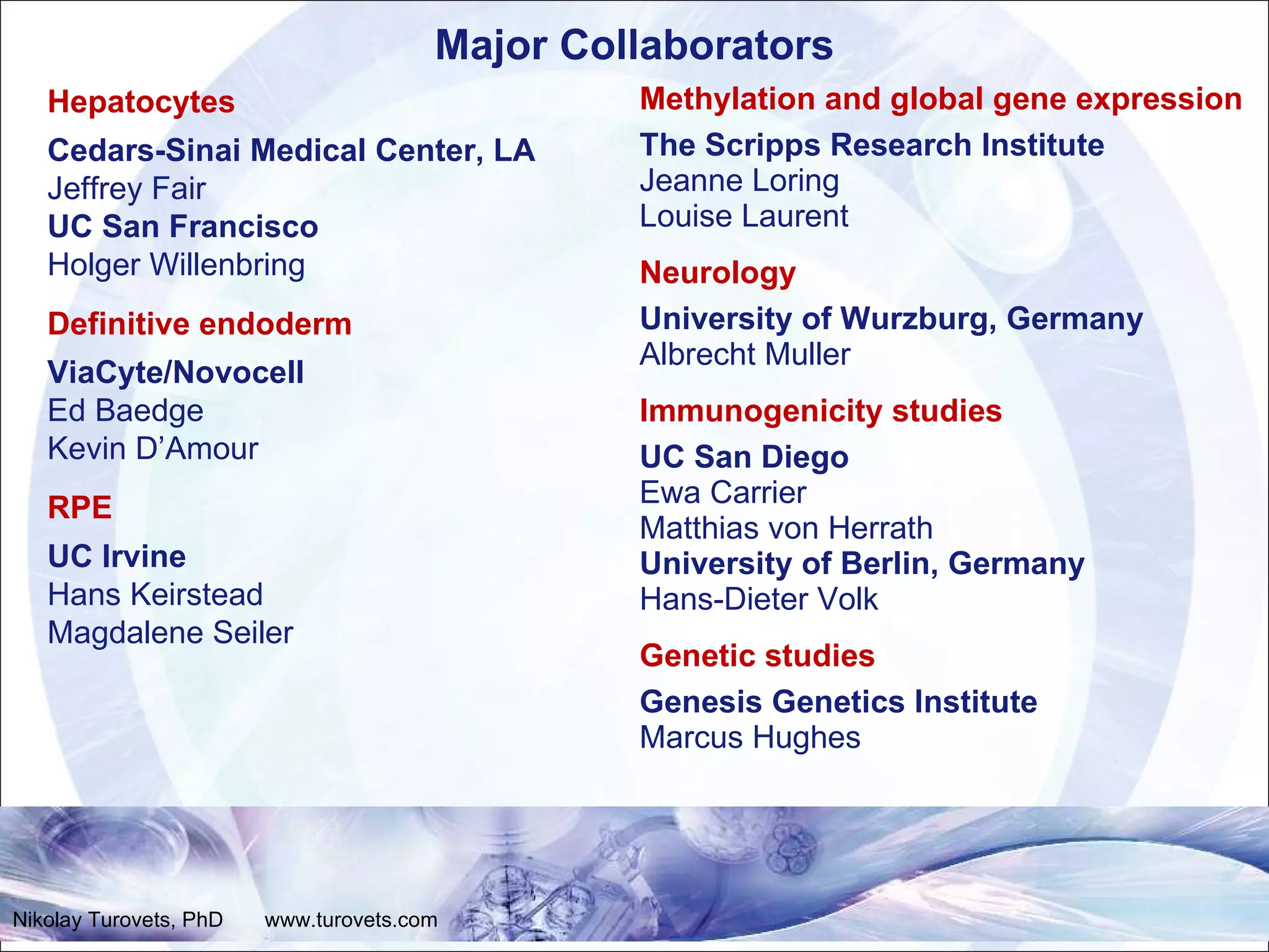 Major Collaborators Hepatocytes Cedars-Sinai Medical Center, LA Jeffrey Fair UC San Francisco Holger Willenbring Definitive endoderm ViaCyte/Novocell Ed Baedge Kevin D’Amour RPE UC Irvine Hans Keirstead Magdalene Seiler Methylation and global gene expression The Scripps Research Institute Jeanne Loring Louise Laurent Neurology University of Wurzburg, Germany Albrecht Muller  Immunogenicity studies UC San Diego Ewa Carrier Matthias von Herrath University of Berlin, Germany Hans-Dieter Volk Genetic studies Genesis Genetics Institute Marcus Hughes Nikolay Turovets, PhD  www.turovets.com 
