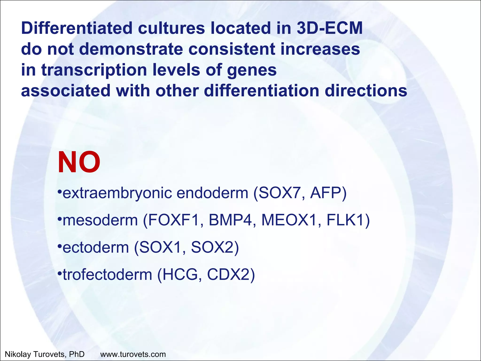 Differentiated cultures located in 3D-ECM  do not demonstrate consistent increases  in transcription levels of genes  associated with other differentiation directions NO   extraembryonic endoderm (SOX7, AFP)  mesoderm (FOXF1, BMP4, MEOX1, FLK1)  ectoderm (SOX1, SOX2) trofectoderm (HCG, CDX2) Nikolay Turovets, PhD  www.turovets.com 