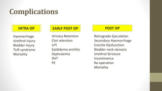Complications
INTRA OP EARLY POST OP POST OP
Haemorrhage
Urethral injury
Bladder Injury
TUR syndrome
Mortality
Urinary Retention
Clot retention
UTI
Epididymo-orchitis
Septicaemia
DVT
PE
Retrograde Ejaculation
Secondary Haemorrhage
Erectile Dysfunction
Bladder neck stenosis
Urethral Stricture
Incontinence
Re-operation
Mortality
 