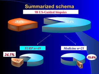 Summarized schemaSummarized schema
98 US-Guided biopsies
28.6% 71.4%
TURP n=49 Medicine n=21
24.5%24.5%
19.0%19.0%
1212
44
 