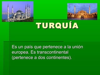 TURQUÍA
Es un país que pertenece a la unión
europea. Es transcontinental
(pertenece a dos continentes).

 