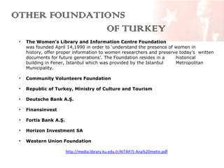 OTHER FOUNDATIONS
OF TURKEY
•

The Women’s Library and Information Centre Foundation
was founded April 14,1990 in order to ‘understand the presence of women in
history, offer proper information to women researchers and preserve today’s written
documents for future generations’. The Foundation resides in a
historical
building in Fener, Istanbul which was provided by the Istanbul
Metropolitan
Municipality.

•

Community Volunteers Foundation

•

Republic of Turkey, Ministry of Culture and Tourism

•

Deutsche Bank A.Ş.

•

Finansinvest

•

Fortis Bank A.Ş.

•

Horizon Investment SA

•

Western Union Foundation
http://media.library.ku.edu.tr/KITAP/5-Ana%20metin.pdf

 