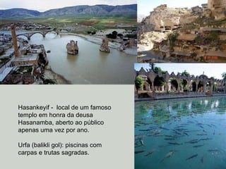 Hasankeyif -  local de um famoso templo em honra da deusa Hasanamba, aberto ao público apenas uma vez por ano. Urfa (balikli gol): piscinas com carpas e trutas sagradas. 