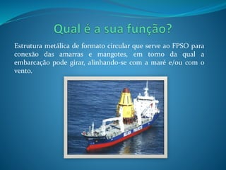 Estrutura metálica de formato circular que serve ao FPSO para 
conexão das amarras e mangotes, em torno da qual a 
embarcação pode girar, alinhando-se com a maré e/ou com o 
vento. 
 