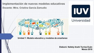 Implementación de nuevos modelos educativos
Docente: Mtra. Cristina García Zamudio
Unidad 1: Modelo educativo y modelos de enseñanza
Elaboró: Nallely Anahi Turriza Euán
Marzo 2018
 