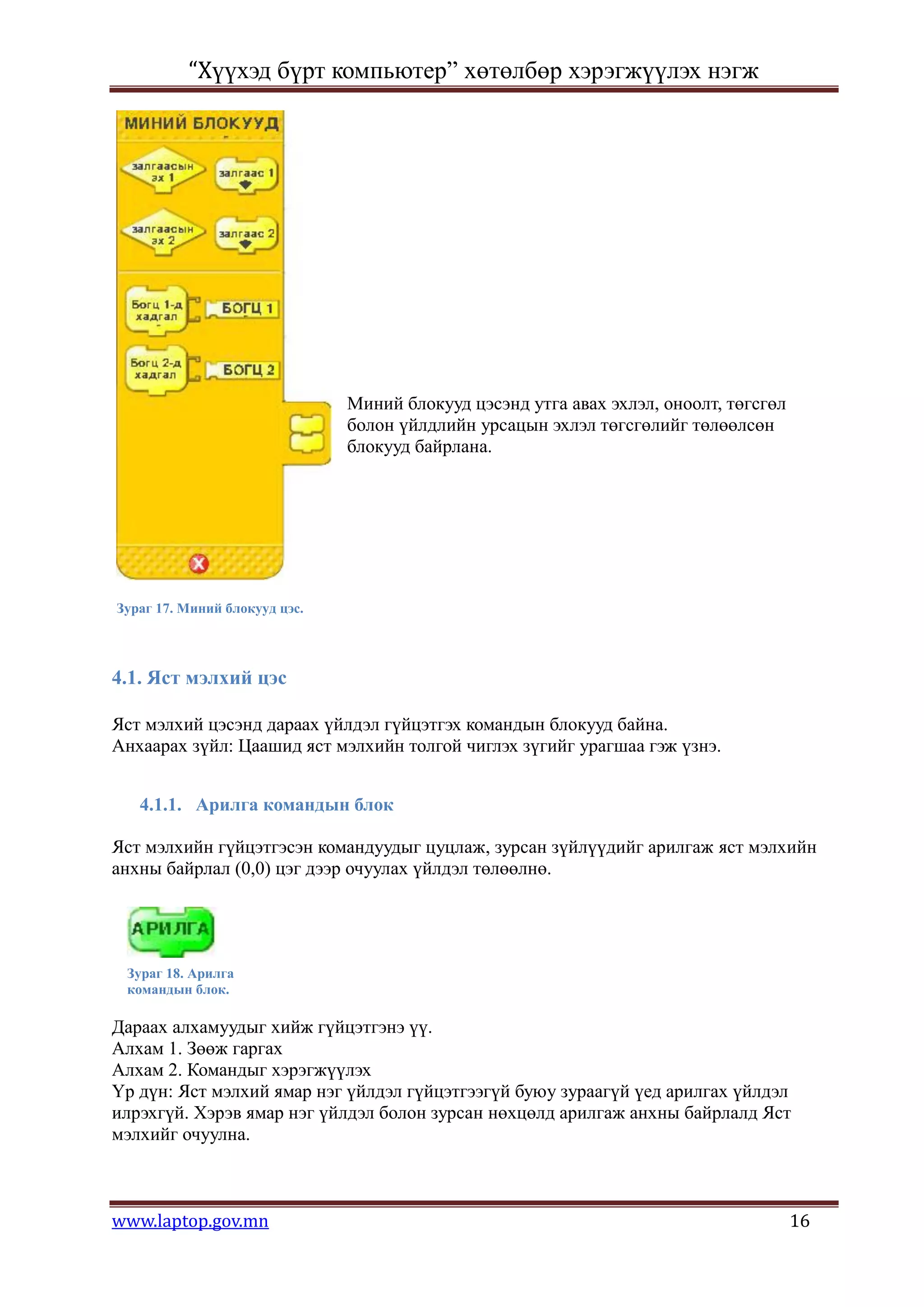“Хүүхэд бүрт компьютер” хөтөлбөр хэрэгжүүлэх нэгж




                               Миний блокууд цэсэнд утга авах эхлэл, оноолт, төгсгөл
                               болон үйлдлийн урсацын эхлэл төгсгөлийг төлөөлсөн
                               блокууд байрлана.




Зураг 17. Миний блокууд цэс.




4.1. Яст мэлхий цэс

Яст мэлхий цэсэнд дараах үйлдэл гүйцэтгэх командын блокууд байна.
Анхаарах зүйл: Цаашид яст мэлхийн толгой чиглэх зүгийг урагшаа гэж үзнэ.


   4.1.1. Арилга командын блок

Яст мэлхийн гүйцэтгэсэн командуудыг цуцлаж, зурсан зүйлүүдийг арилгаж яст мэлхийн
анхны байрлал (0,0) цэг дээр очуулах үйлдэл төлөөлнө.




 Зураг 18. Арилга
 командын блок.

Дараах алхамуудыг хийж гүйцэтгэнэ үү.
Алхам 1. Зөөж гаргах
Алхам 2. Командыг хэрэгжүүлэх
Үр дүн: Яст мэлхий ямар нэг үйлдэл гүйцэтгээгүй буюу зураагүй үед арилгах үйлдэл
илрэхгүй. Хэрэв ямар нэг үйлдэл болон зурсан нөхцөлд арилгаж анхны байрлалд Яст
мэлхийг очуулна.



www.laptop.gov.mn                                                                      16
 