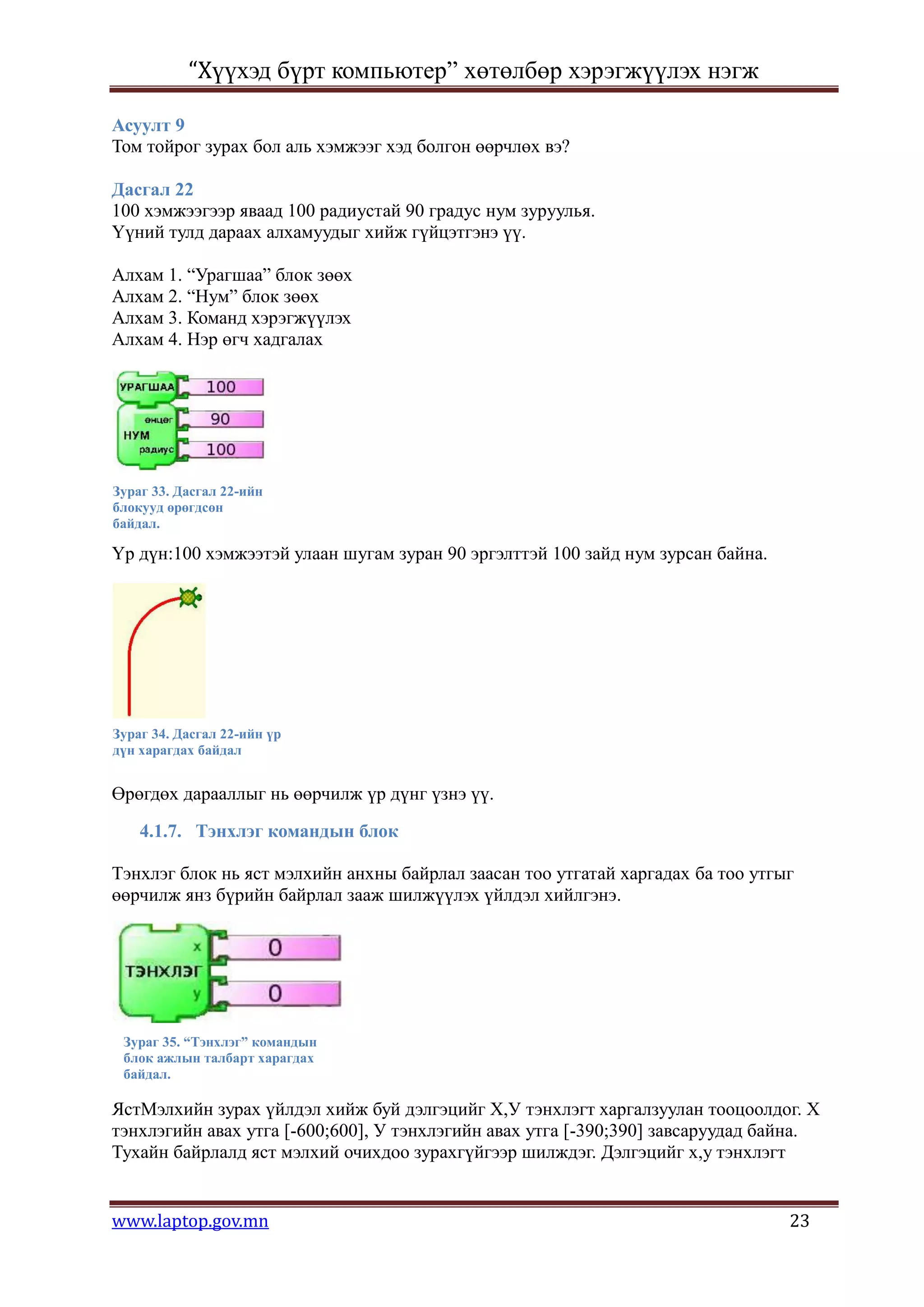 “Хүүхэд бүрт компьютер” хөтөлбөр хэрэгжүүлэх нэгж

Асуулт 9
Том тойрог зурах бол аль хэмжээг хэд болгон өөрчлөх вэ?

Дасгал 22
100 хэмжээгээр яваад 100 радиустай 90 градус нум зуруулья.
Үүний тулд дараах алхамуудыг хийж гүйцэтгэнэ үү.

Алхам 1. “Урагшаа” блок зөөх
Алхам 2. “Нум” блок зөөх
Алхам 3. Команд хэрэгжүүлэх
Алхам 4. Нэр өгч хадгалах




Зураг 33. Дасгал 22-ийн
блокууд өрөгдсөн
байдал.

Үр дүн:100 хэмжээтэй улаан шугам зуран 90 эргэлттэй 100 зайд нум зурсан байна.




Зураг 34. Дасгал 22-ийн үр
дүн харагдах байдал


Өрөгдөх дарааллыг нь өөрчилж үр дүнг үзнэ үү.

    4.1.7. Тэнхлэг командын блок

Тэнхлэг блок нь яст мэлхийн анхны байрлал заасан тоо утгатай харгадах ба тоо утгыг
өөрчилж янз бүрийн байрлал зааж шилжүүлэх үйлдэл хийлгэнэ.




 Зураг 35. “Тэнхлэг” командын
 блок ажлын талбарт харагдах
 байдал.

ЯстМэлхийн зурах үйлдэл хийж буй дэлгэцийг Х,У тэнхлэгт харгалзуулан тооцоолдог. Х
тэнхлэгийн авах утга [-600;600], У тэнхлэгийн авах утга [-390;390] завсаруудад байна.
Тухайн байрлалд яст мэлхий очихдоо зурахгүйгээр шилждэг. Дэлгэцийг х,у тэнхлэгт


www.laptop.gov.mn                                                                23
 