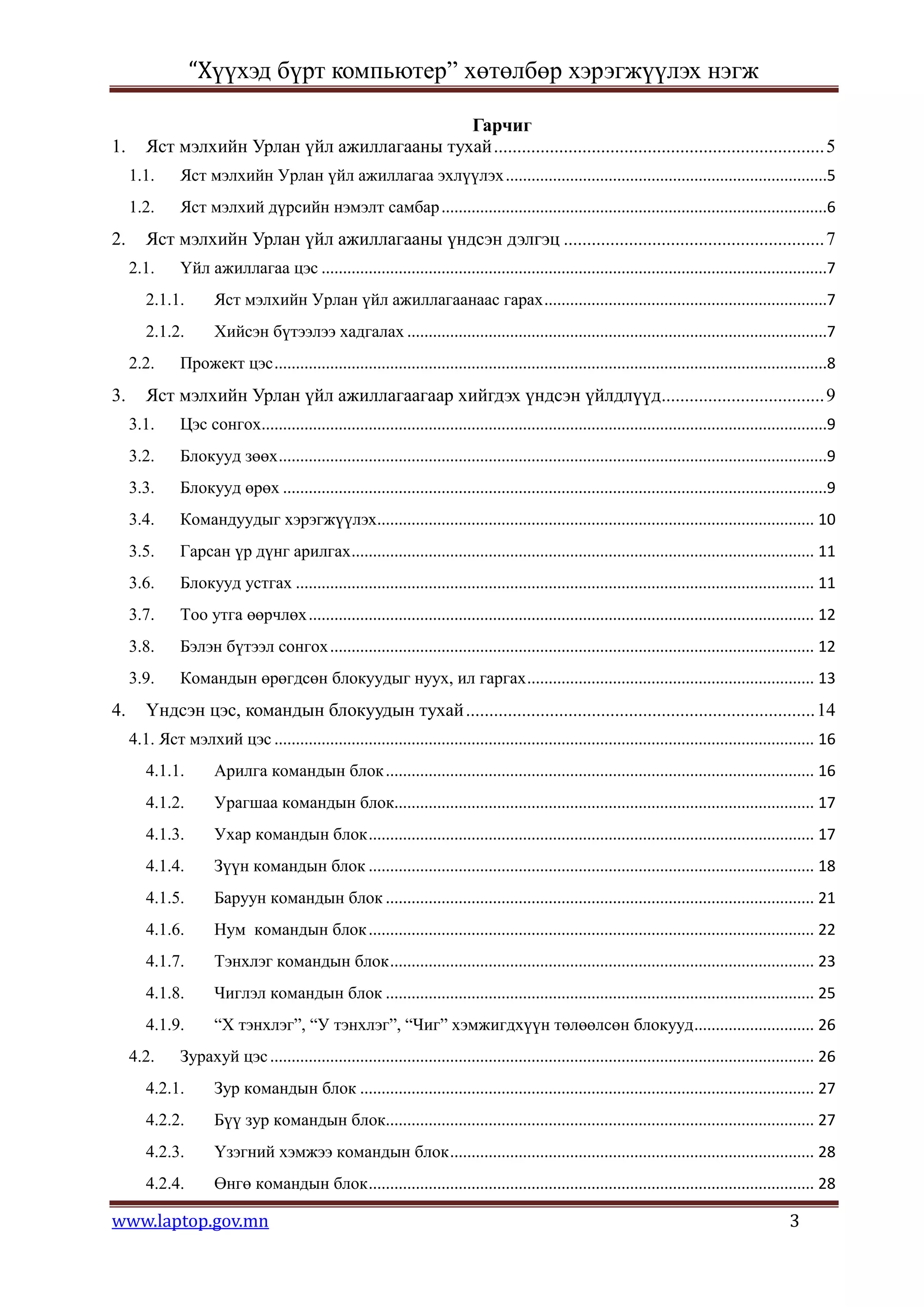 “Хүүхэд бүрт компьютер” хөтөлбөр хэрэгжүүлэх нэгж

                                             Гарчиг
1.      Яст мэлхийн Урлан үйл ажиллагааны тухай ....................................................................... 5
     1.1.      Яст мэлхийн Урлан үйл ажиллагаа эхлүүлэх ...........................................................................5
     1.2.      Яст мэлхий дүрсийн нэмэлт самбар ..........................................................................................6
2.      Яст мэлхийн Урлан үйл ажиллагааны үндсэн дэлгэц ........................................................ 7
     2.1.      Үйл ажиллагаа цэс ......................................................................................................................7
        2.1.1.        Яст мэлхийн Урлан үйл ажиллагаанаас гарах ..................................................................7
        2.1.2.        Хийсэн бүтээлээ хадгалах ..................................................................................................7
     2.2.      Прожект цэс .................................................................................................................................8
3.      Яст мэлхийн Урлан үйл ажиллагаагаар хийгдэх үндсэн үйлдлүүд................................... 9
     3.1.      Цэс сонгох....................................................................................................................................9
     3.2.      Блокууд зөөх ................................................................................................................................9
     3.3.      Блокууд өрөх ...............................................................................................................................9
     3.4.      Командуудыг хэрэгжүүлэх...................................................................................................... 10
     3.5.      Гарсан үр дүнг арилгах ............................................................................................................ 11
     3.6.      Блокууд устгах ......................................................................................................................... 11
     3.7.      Тоо утга өөрчлөх ...................................................................................................................... 12
     3.8.      Бэлэн бүтээл сонгох ................................................................................................................. 12
     3.9.      Командын өрөгдсөн блокуудыг нуух, ил гаргах ................................................................... 13
4.      Үндсэн цэс, командын блокуудын тухай ........................................................................... 14
     4.1. Яст мэлхий цэс .............................................................................................................................. 16
        4.1.1.        Арилга командын блок .................................................................................................... 16
        4.1.2.        Урагшаа командын блок.................................................................................................. 17
        4.1.3.        Ухар командын блок ........................................................................................................ 17
        4.1.4.        Зүүн командын блок ........................................................................................................ 18
        4.1.5.        Баруун командын блок .................................................................................................... 21
        4.1.6.        Нум командын блок ........................................................................................................ 22
        4.1.7.        Тэнхлэг командын блок ................................................................................................... 23
        4.1.8.        Чиглэл командын блок .................................................................................................... 25
        4.1.9.        “Х тэнхлэг”, “У тэнхлэг”, “Чиг” хэмжигдхүүн төлөөлсөн блокууд ............................ 26
     4.2.      Зурахуй цэс ............................................................................................................................... 26
        4.2.1.        Зур командын блок .......................................................................................................... 27
        4.2.2.        Бүү зур командын блок.................................................................................................... 27
        4.2.3.        Үзэгний хэмжээ командын блок ..................................................................................... 28
        4.2.4.        Өнгө командын блок ........................................................................................................ 28

www.laptop.gov.mn                                                                                                                                  3
 