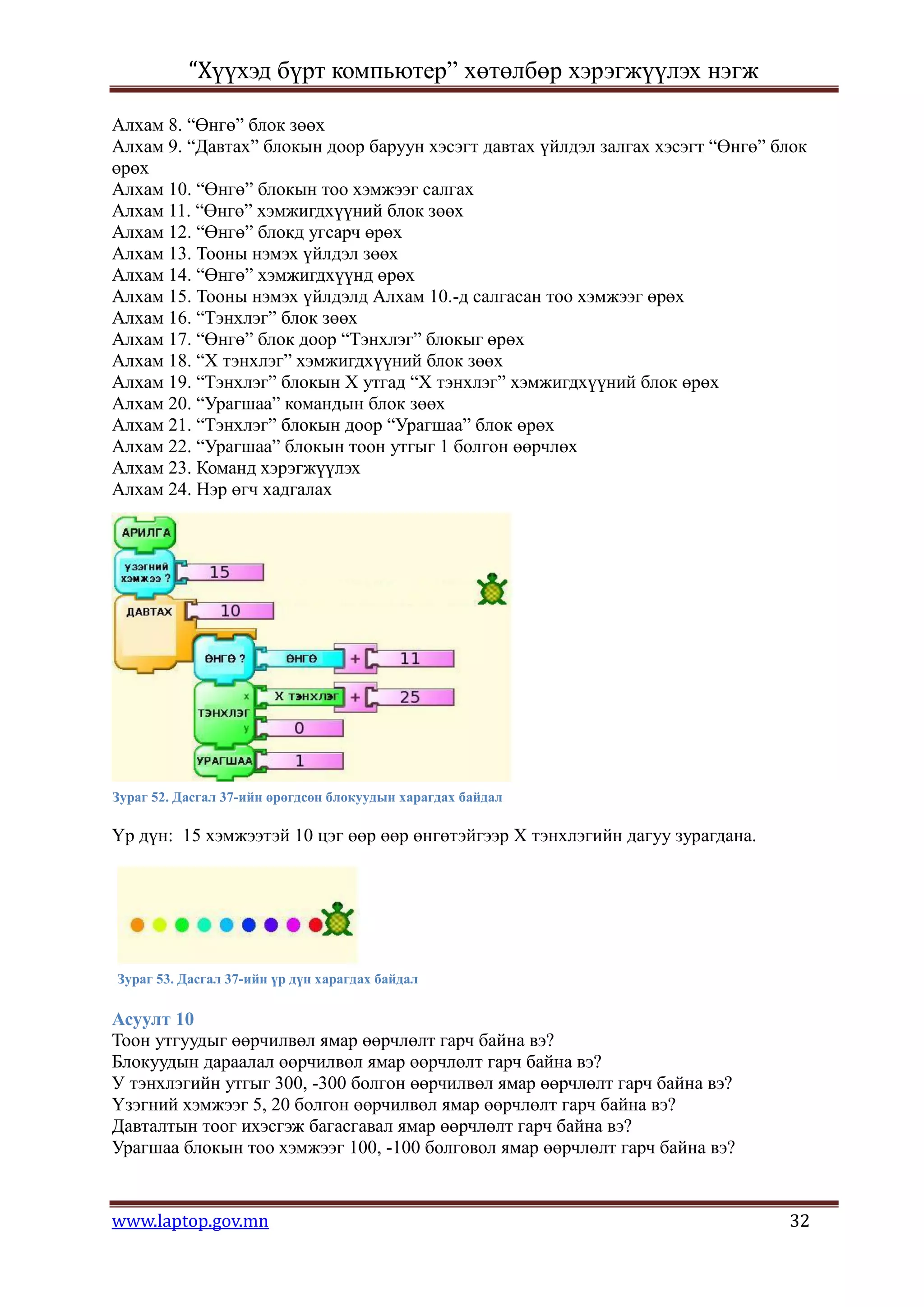 “Хүүхэд бүрт компьютер” хөтөлбөр хэрэгжүүлэх нэгж

Алхам 8. “Өнгө” блок зөөх
Алхам 9. “Давтах” блокын доор баруун хэсэгт давтах үйлдэл залгах хэсэгт “Өнгө” блок
өрөх
Алхам 10. “Өнгө” блокын тоо хэмжээг салгах
Алхам 11. “Өнгө” хэмжигдхүүний блок зөөх
Алхам 12. “Өнгө” блокд угсарч өрөх
Алхам 13. Тооны нэмэх үйлдэл зөөх
Алхам 14. “Өнгө” хэмжигдхүүнд өрөх
Алхам 15. Тооны нэмэх үйлдэлд Алхам 10.-д салгасан тоо хэмжээг өрөх
Алхам 16. “Тэнхлэг” блок зөөх
Алхам 17. “Өнгө” блок доор “Тэнхлэг” блокыг өрөх
Алхам 18. “Х тэнхлэг” хэмжигдхүүний блок зөөх
Алхам 19. “Тэнхлэг” блокын Х утгад “Х тэнхлэг” хэмжигдхүүний блок өрөх
Алхам 20. “Урагшаа” командын блок зөөх
Алхам 21. “Тэнхлэг” блокын доор “Урагшаа” блок өрөх
Алхам 22. “Урагшаа” блокын тоон утгыг 1 болгон өөрчлөх
Алхам 23. Команд хэрэгжүүлэх
Алхам 24. Нэр өгч хадгалах




Зураг 52. Дасгал 37-ийн өрөгдсөн блокуудын харагдах байдал

Үр дүн: 15 хэмжээтэй 10 цэг өөр өөр өнгөтэйгээр Х тэнхлэгийн дагуу зурагдана.




Зураг 53. Дасгал 37-ийн үр дүн харагдах байдал

Асуулт 10
Тоон утгуудыг өөрчилвөл ямар өөрчлөлт гарч байна вэ?
Блокуудын дараалал өөрчилвөл ямар өөрчлөлт гарч байна вэ?
У тэнхлэгийн утгыг 300, -300 болгон өөрчилвөл ямар өөрчлөлт гарч байна вэ?
Үзэгний хэмжээг 5, 20 болгон өөрчилвөл ямар өөрчлөлт гарч байна вэ?
Давталтын тоог ихэсгэж багасгавал ямар өөрчлөлт гарч байна вэ?
Урагшаа блокын тоо хэмжээг 100, -100 болговол ямар өөрчлөлт гарч байна вэ?


www.laptop.gov.mn                                                               32
 