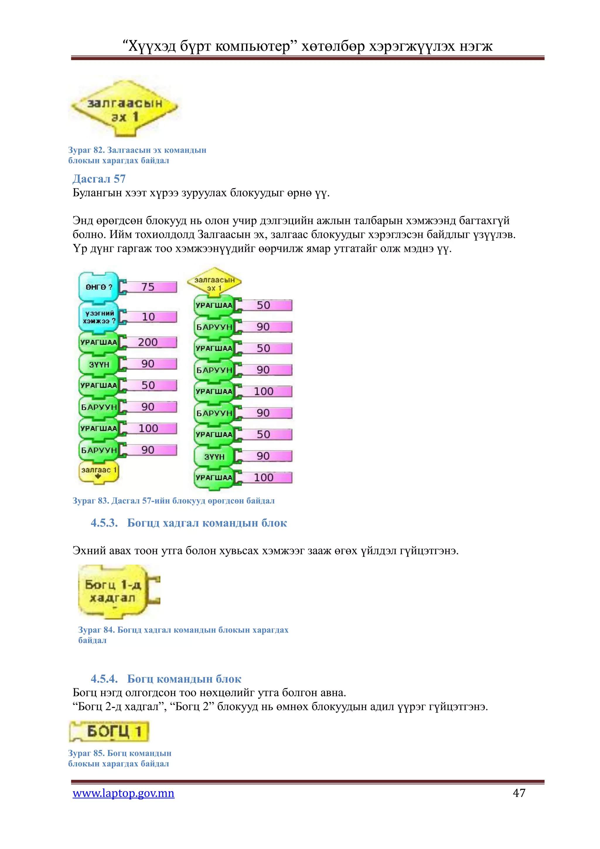 “Хүүхэд бүрт компьютер” хөтөлбөр хэрэгжүүлэх нэгж




Зураг 82. Залгаасын эх командын
блокын харагдах байдал

Дасгал 57
Булангын хээт хүрээ зуруулах блокуудыг өрнө үү.

Энд өрөгдсөн блокууд нь олон учир дэлгэцийн ажлын талбарын хэмжээнд багтахгүй
болно. Ийм тохиолдолд Залгаасын эх, залгаас блокуудыг хэрэглэсэн байдлыг үзүүлэв.
Үр дүнг гаргаж тоо хэмжээнүүдийг өөрчилж ямар утгатайг олж мэднэ үү.




Зураг 83. Дасгал 57-ийн блокууд өрөгдсөн байдал

     4.5.3. Богцд хадгал командын блок

Эхний авах тоон утга болон хувьсах хэмжээг зааж өгөх үйлдэл гүйцэтгэнэ.




  Зураг 84. Богцд хадгал командын блокын харагдах
  байдал



   4.5.4. Богц командын блок
Богц нэгд олгогдсон тоо нөхцөлийг утга болгон авна.
“Богц 2-д хадгал”, “Богц 2” блокууд нь өмнөх блокуудын адил үүрэг гүйцэтгэнэ.


Зураг 85. Богц командын
блокын харагдах байдал


www.laptop.gov.mn                                                               47
 