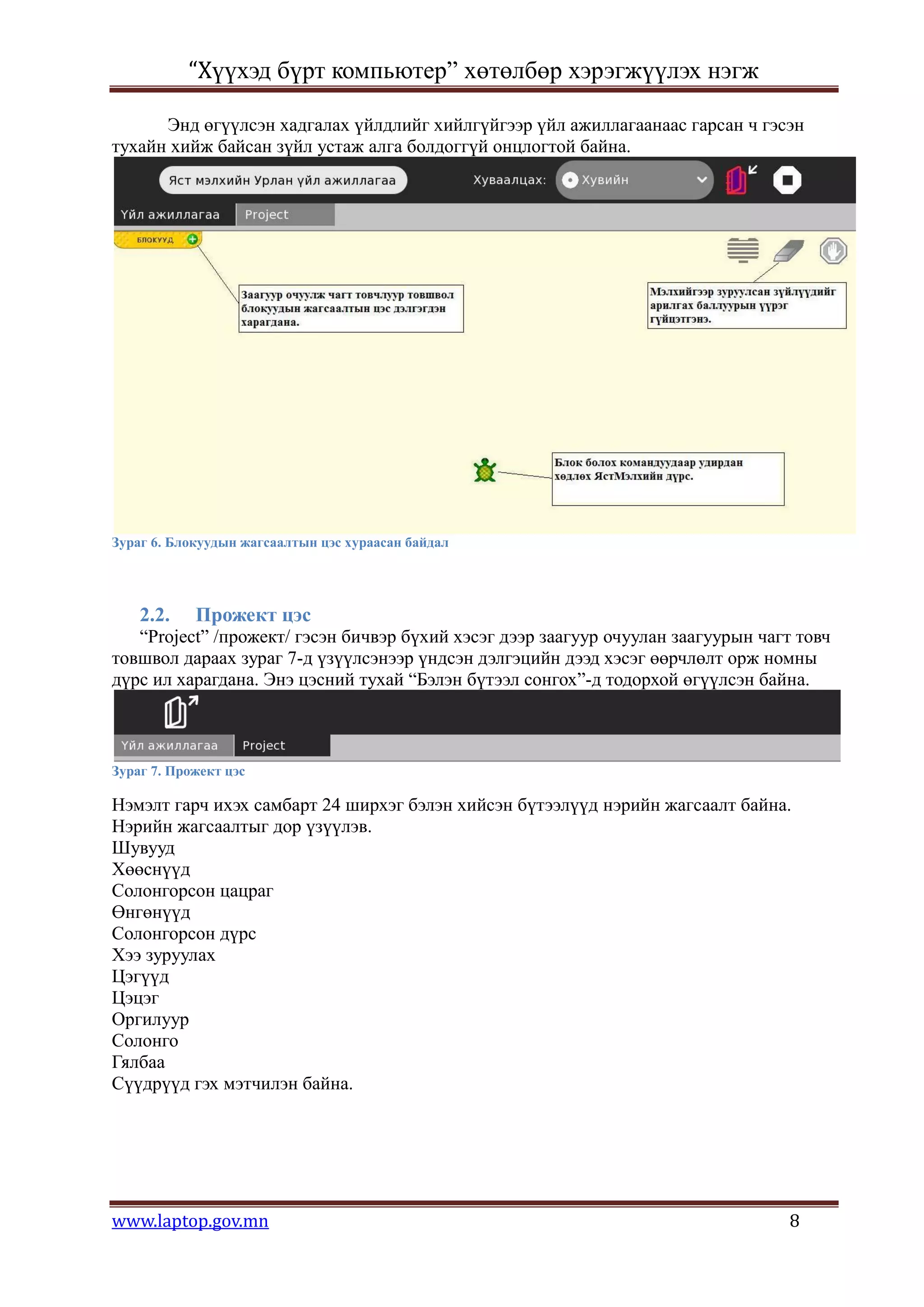 “Хүүхэд бүрт компьютер” хөтөлбөр хэрэгжүүлэх нэгж

      Энд өгүүлсэн хадгалах үйлдлийг хийлгүйгээр үйл ажиллагаанаас гарсан ч гэсэн
тухайн хийж байсан зүйл устаж алга болдоггүй онцлогтой байна.




Зураг 6. Блокуудын жагсаалтын цэс хураасан байдал




    2.2.    Прожект цэс
   “Project” /прожект/ гэсэн бичвэр бүхий хэсэг дээр заагуур очуулан заагуурын чагт товч
товшвол дараах зураг 7-д үзүүлсэнээр үндсэн дэлгэцийн дээд хэсэг өөрчлөлт орж номны
дүрс ил харагдана. Энэ цэсний тухай “Бэлэн бүтээл сонгох”-д тодорхой өгүүлсэн байна.



Зураг 7. Прожект цэс

Нэмэлт гарч ихэх самбарт 24 ширхэг бэлэн хийсэн бүтээлүүд нэрийн жагсаалт байна.
Нэрийн жагсаалтыг дор үзүүлэв.
Шувууд
Хөөснүүд
Солонгорсон цацраг
Өнгөнүүд
Солонгорсон дүрс
Хээ зуруулах
Цэгүүд
Цэцэг
Оргилуур
Солонго
Гялбаа
Сүүдрүүд гэх мэтчилэн байна.




www.laptop.gov.mn                                                                 8
 